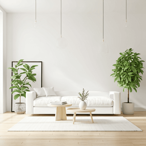 Modern bright living room with minimalist white furniture and large windows